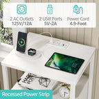 BOLUO White Nightstand with Charging Station, LED Night Stand with 2 Fabric Drawers, Bedside Table with USB Ports and Outlets, Nightstand for Bedroom Modern