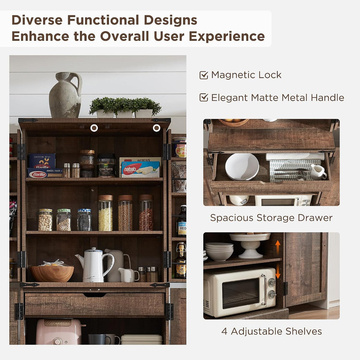ACCOHOHO 72" Tall Wooden Pantry Storage Cabinet with Door Shelves & Drawer | Farmhouse, Barn Doors, Adjustable Shelves, Freestanding, Anti-tip Kit, for Kitchen, Dining Room, Living Room