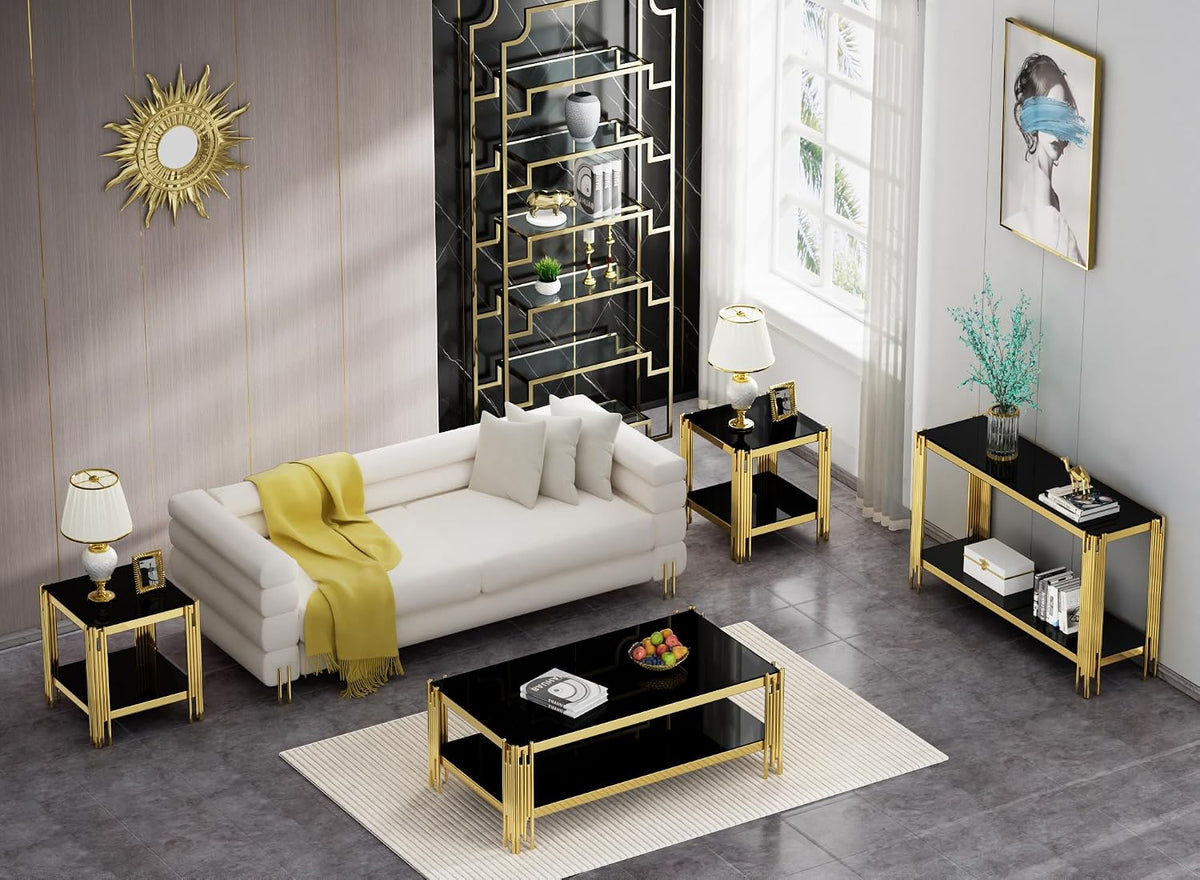 20” Square Glass End Table, 2-Tier Side Table with Black Tempered Glass Top Golden Mirrored Stainless Steel Legs, Modern Luxury Nightstand Bedside Table with Lower Shelf for Living Room