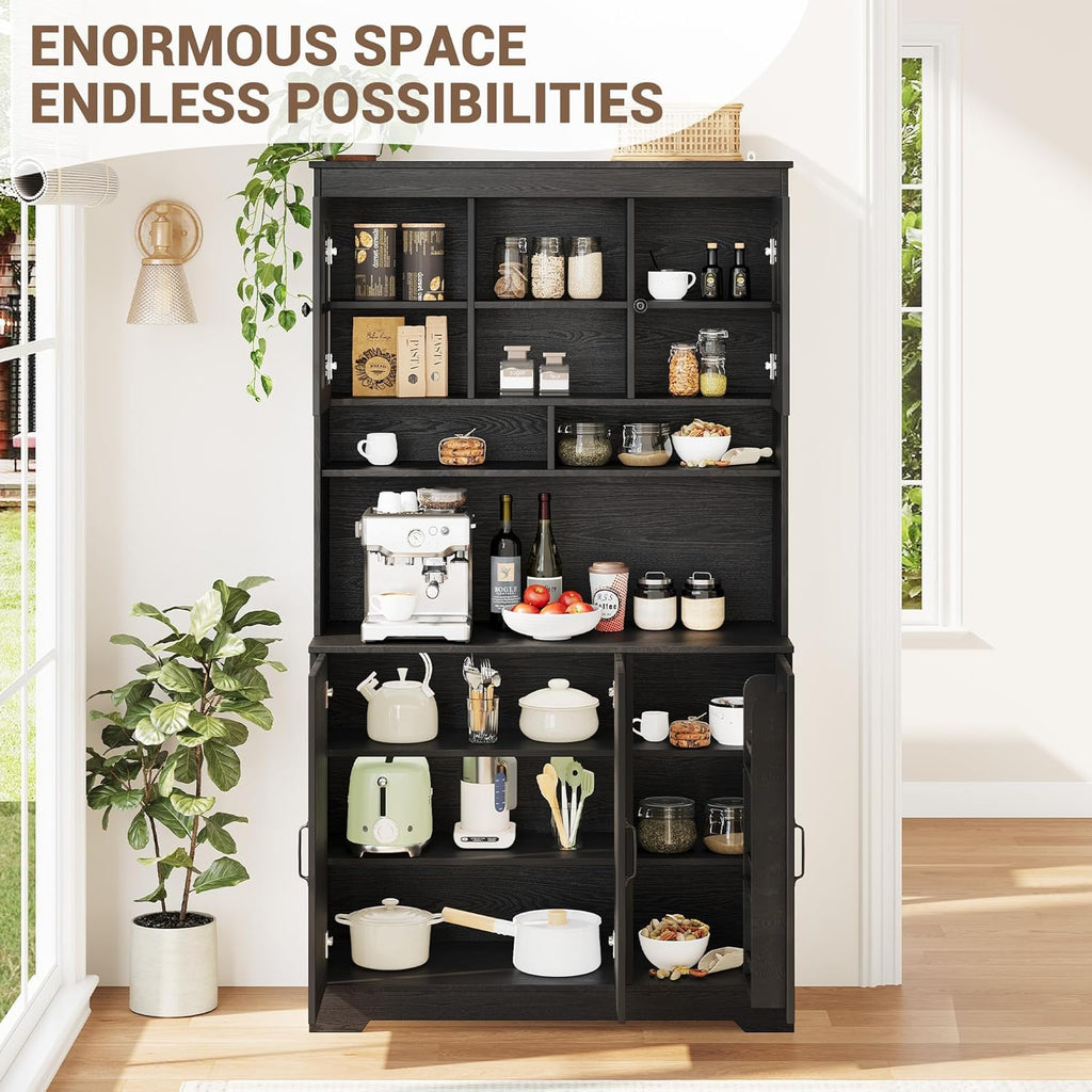 Spacious Storage & Modern Design Pantry Cabinet with Hutch – 70.9'' Tall Kitchen Cabinet – Glass Doors, Built-in Charging Station – Ideal for Dining Room – Black Color