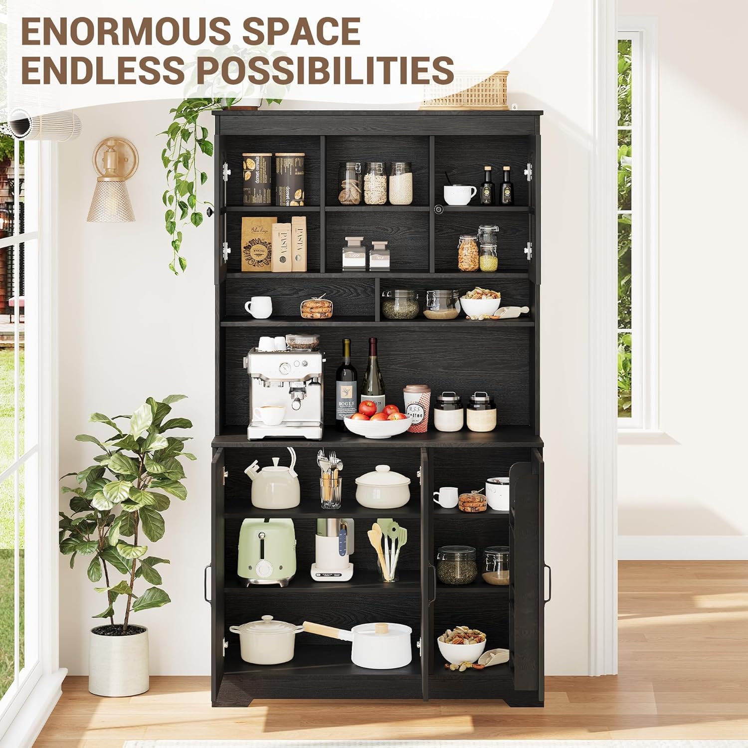 Spacious Storage & Modern Design Pantry Cabinet with Hutch – 70.9'' Tall Kitchen Cabinet – Glass Doors, Built-in Charging Station – Ideal for Dining Room – Black Color