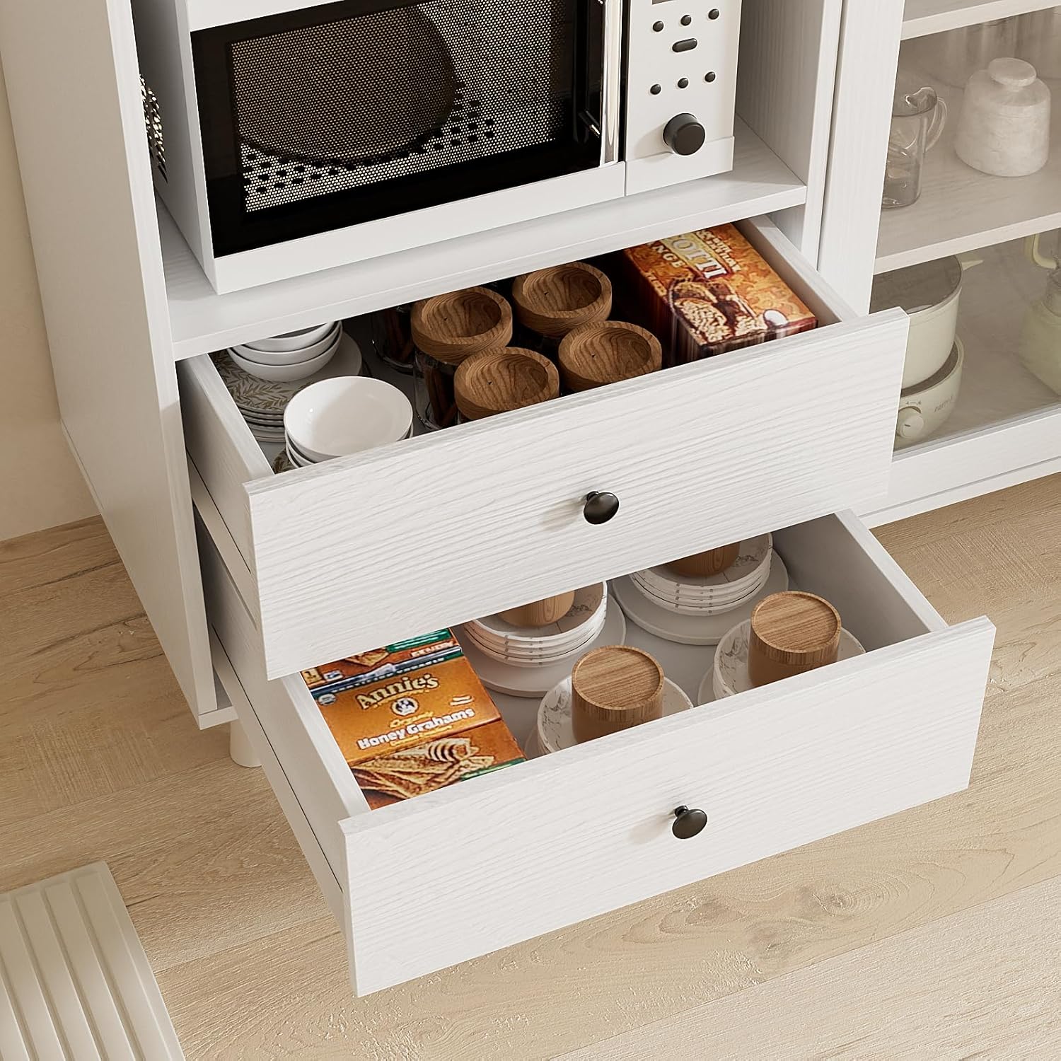 VOWNER Kitchen Hutch Storage Cabinet Microwave Shelf, Freestanding Pantry with 4 Glass Doors and 2 Drawers, Modern Sideboard Buffet Cabinet for Kitchen, Dining Room, Living Room, White