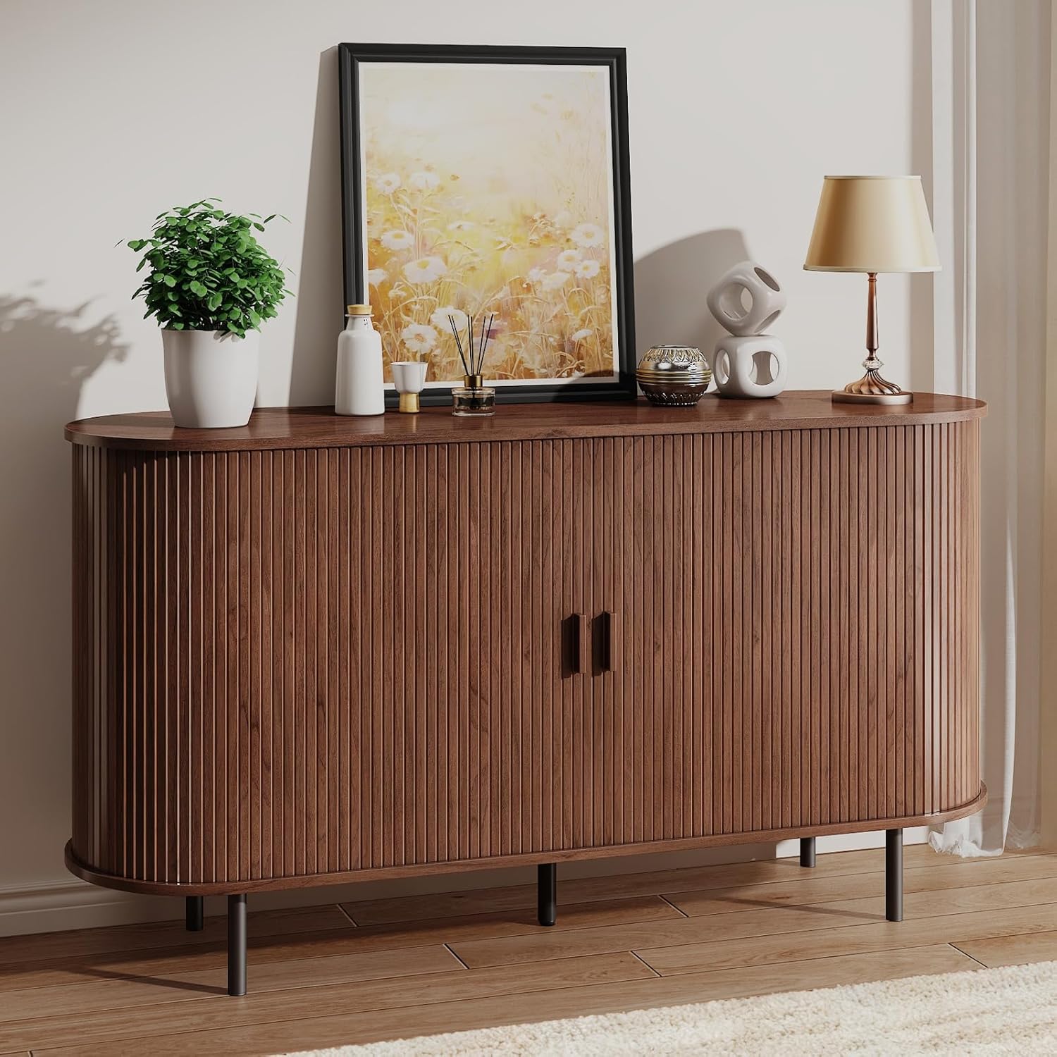 Buffet Sideboard Cabinet with Storage, 55" Fluted Cabinet with Sliding Door & Adjustable Shelf, Modern Accent Coffee Bar Console Table for Kitchen, Entryway, Walnut
