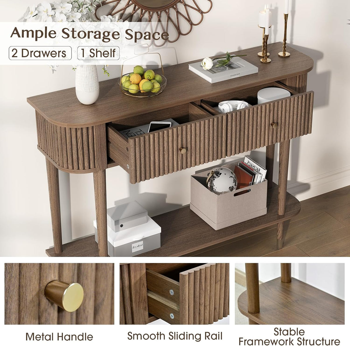 JOINICE 43" Entryway Table with Drawers,Fluted Console Table with Storage Shelf,Narrow Sofa Table for Living Room,Hallway,Foyer,Walnut