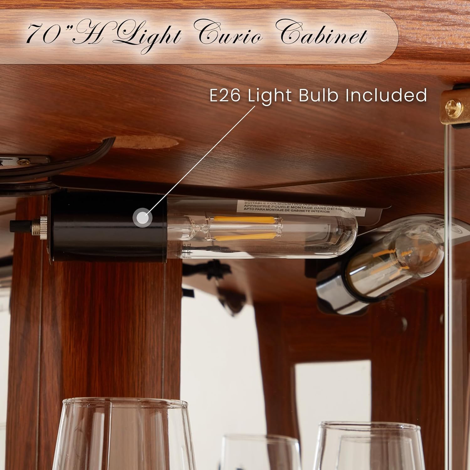 70" H Lighted Corner Curio Cabinet, Glass Display Cage with Tempered Glass Doors and 5 Adjustable Shelves, Wine Cabinet Storage Rack for Bar and Liquor Storage (Dark Oak)
