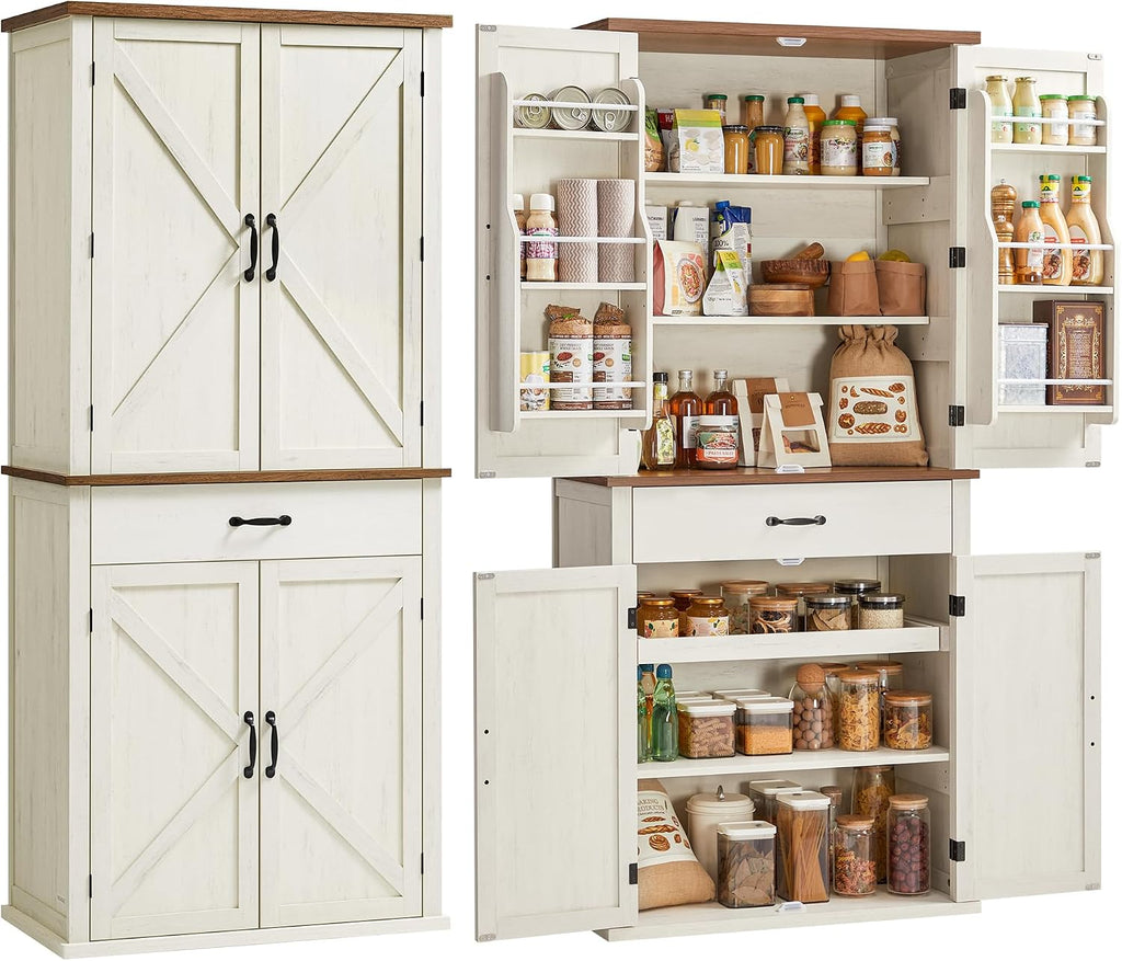 VASAGLE Pantry Cabinet, Freestanding Tall Cupboard with a Drawer | 15.8 x 31.5 x 70.3 Inches, 2 Cabinets, 4 Adjustable Shelves, Rustic White and Honey Brown, LIRY Collection UBBK364W01