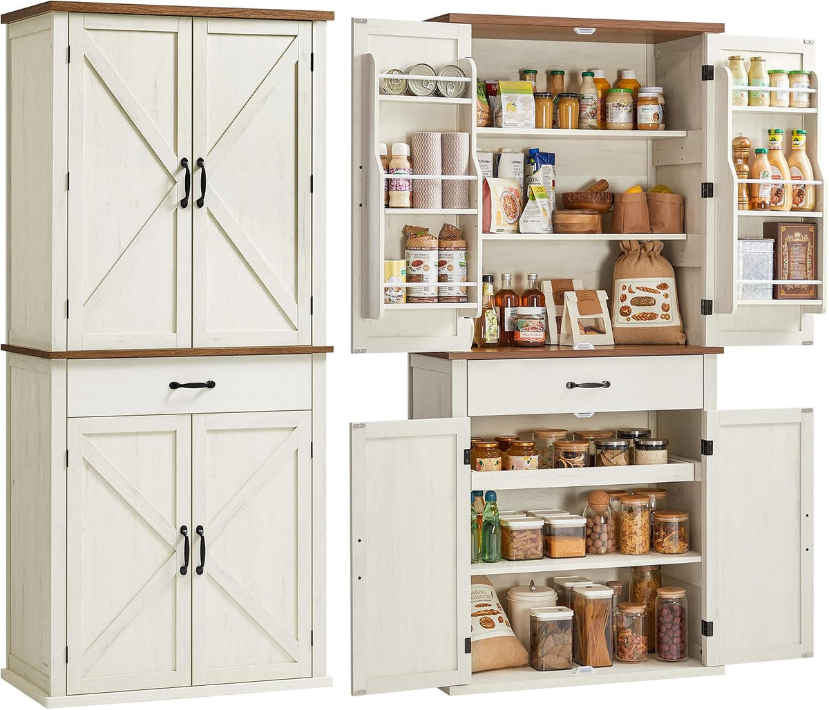 VASAGLE Pantry Cabinet, Freestanding Tall Cupboard with a Drawer | 15.8 x 31.5 x 70.3 Inches, 2 Cabinets, 4 Adjustable Shelves, Rustic White and Honey Brown, LIRY Collection UBBK364W01