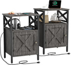 End Table Set of 2 with Charging Station, Side Table with Power Outlet & USB Ports, Nightstand with 2 Tiers Storage Space and Storage Cabinet, Sofa Side Tables for Bedroom, Living Room,Office, Grey