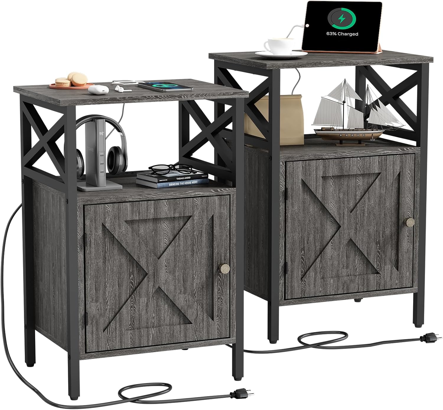 End Table Set of 2 with Charging Station, Side Table with Power Outlet & USB Ports, Nightstand with 2 Tiers Storage Space and Storage Cabinet, Sofa Side Tables for Bedroom, Living Room,Office, Grey
