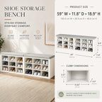 Shoe Storage Bench with Padded Seat, 18-Cubby Shoe Organizer for Entryway, 59.1" Long 700 lb Capacity, for Living Room, Bedroom, Hallway (Whiteboard with Light Gray, Linen, Sponge)