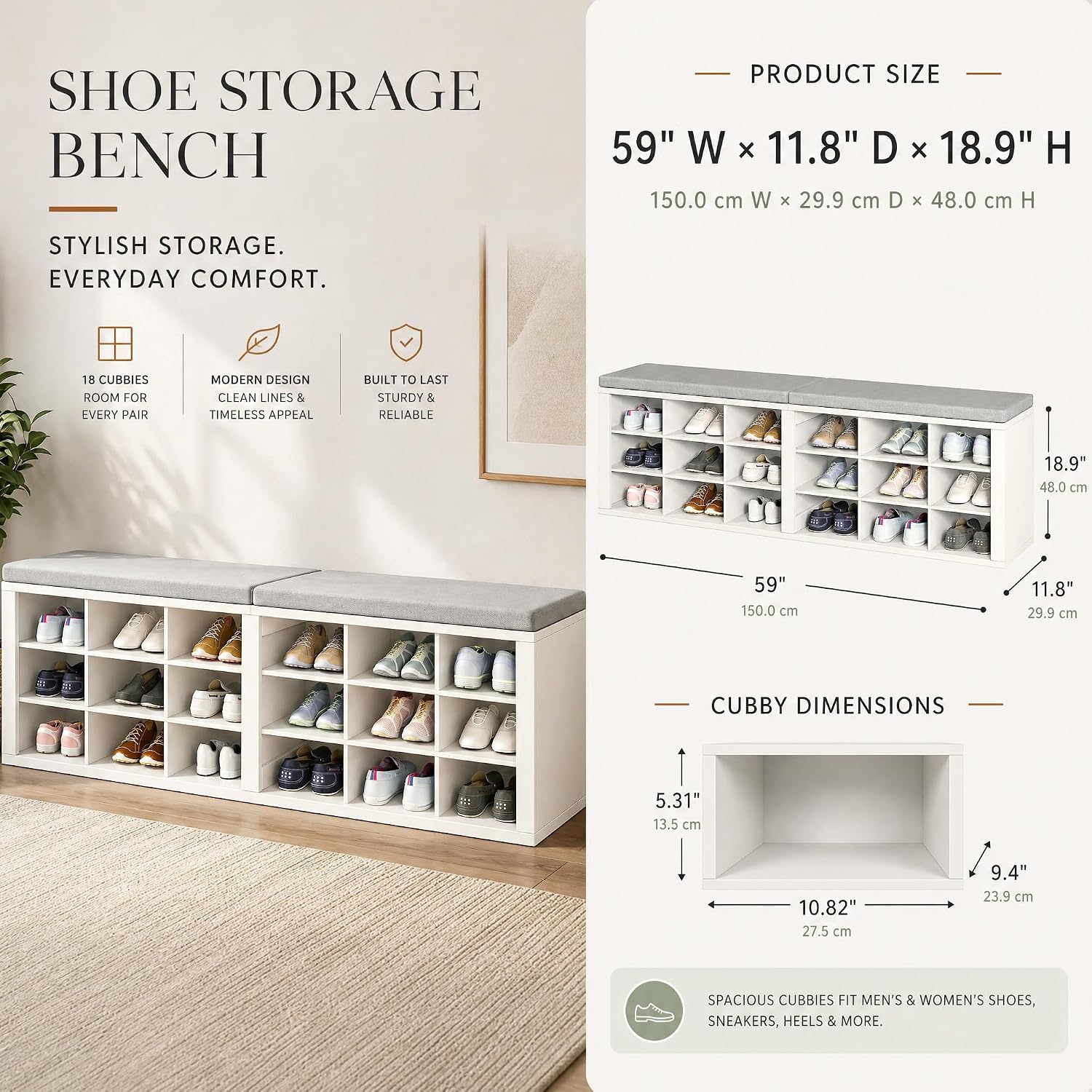 Shoe Storage Bench with Padded Seat, 18-Cubby Shoe Organizer for Entryway, 59.1" Long 700 lb Capacity, for Living Room, Bedroom, Hallway (Whiteboard with Light Gray, Linen, Sponge)