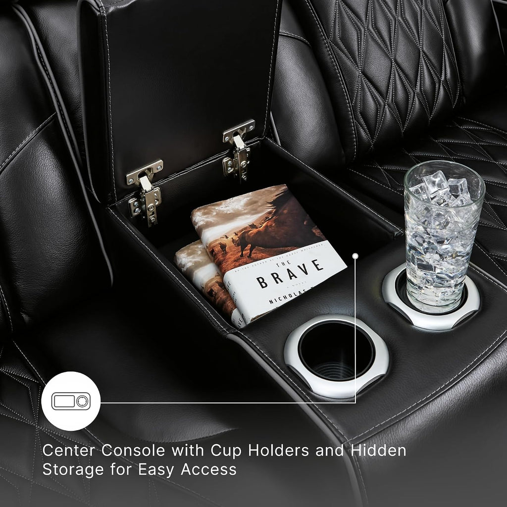 Signature Design by Ashley Boyington Power Reclining Loveseat with Console | A combination of leather and faux leather, Zero-gravity power recline, Air massage system and heat, USB storage console
