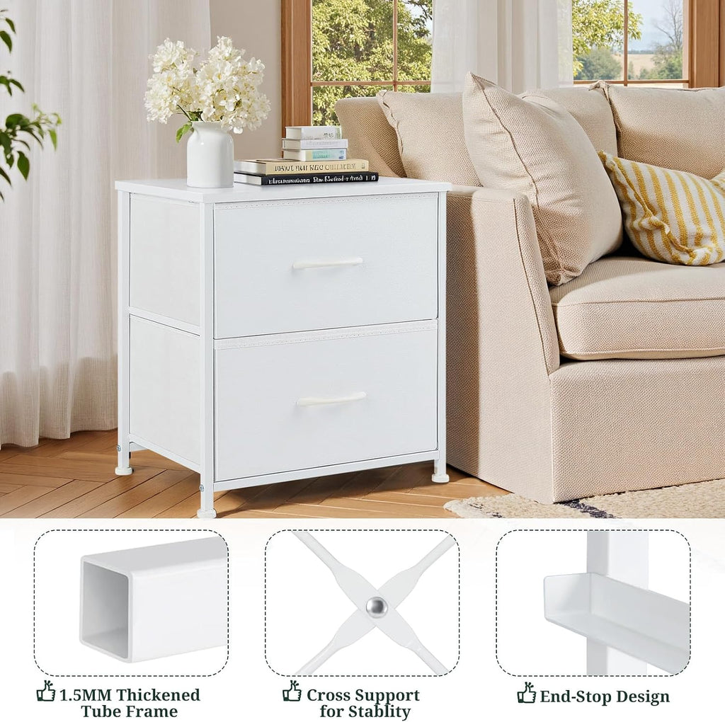 Nightstand Small 2 Drawer Dresser End Table Bedside Furniture | Wooden Top Fabric Bins for Bedroom, Closet, Entryway, Dorm, 11.8" D x 18" W x 20", White