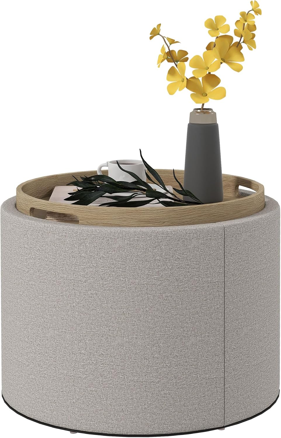 HOMCOM Round Storage Ottoman with Flip Top Tray, Footstool, Light Gray | Upholstered Fabric, Small Coffee Table, Hidden Compartment, Accent Vanity Stool, Living Room