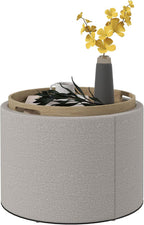 HOMCOM Round Storage Ottoman with Flip Top Tray, Footstool, Light Gray | Upholstered Fabric, Small Coffee Table, Hidden Compartment, Accent Vanity Stool, Living Room