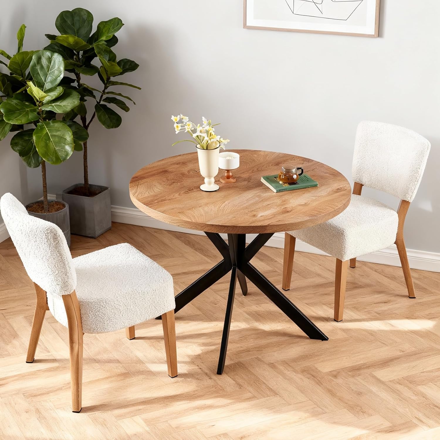 3-Piece Round Table & Chair Set, Space Saving Kitchen Breakfast Nook Walnut Wood Grain Tabletop with Metal Frame and 2 Stackable Dining Chairs for Kitchen, Dining Room, White