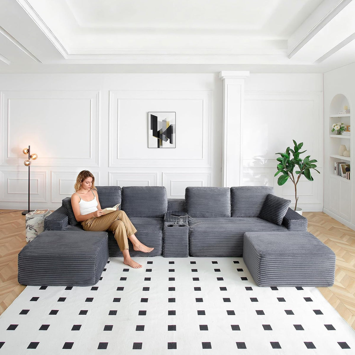 125" Oversized Sectional Couches for Living Room, Modern Cloud Couch with Ottoman,USB Port&Cup Holders, Comfy Corduroy Modular Sectional U Shape Sofa Couch for Apartment, Grey Couch in a Box