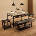 GAOMON Dining Table with Benches, Kitchen Table Set for 4, Dining Room Table Set with Upholstered Bench and Square Stools, Metal and Wood Dining Table Set for 4 with Storage for Small Space-Grey