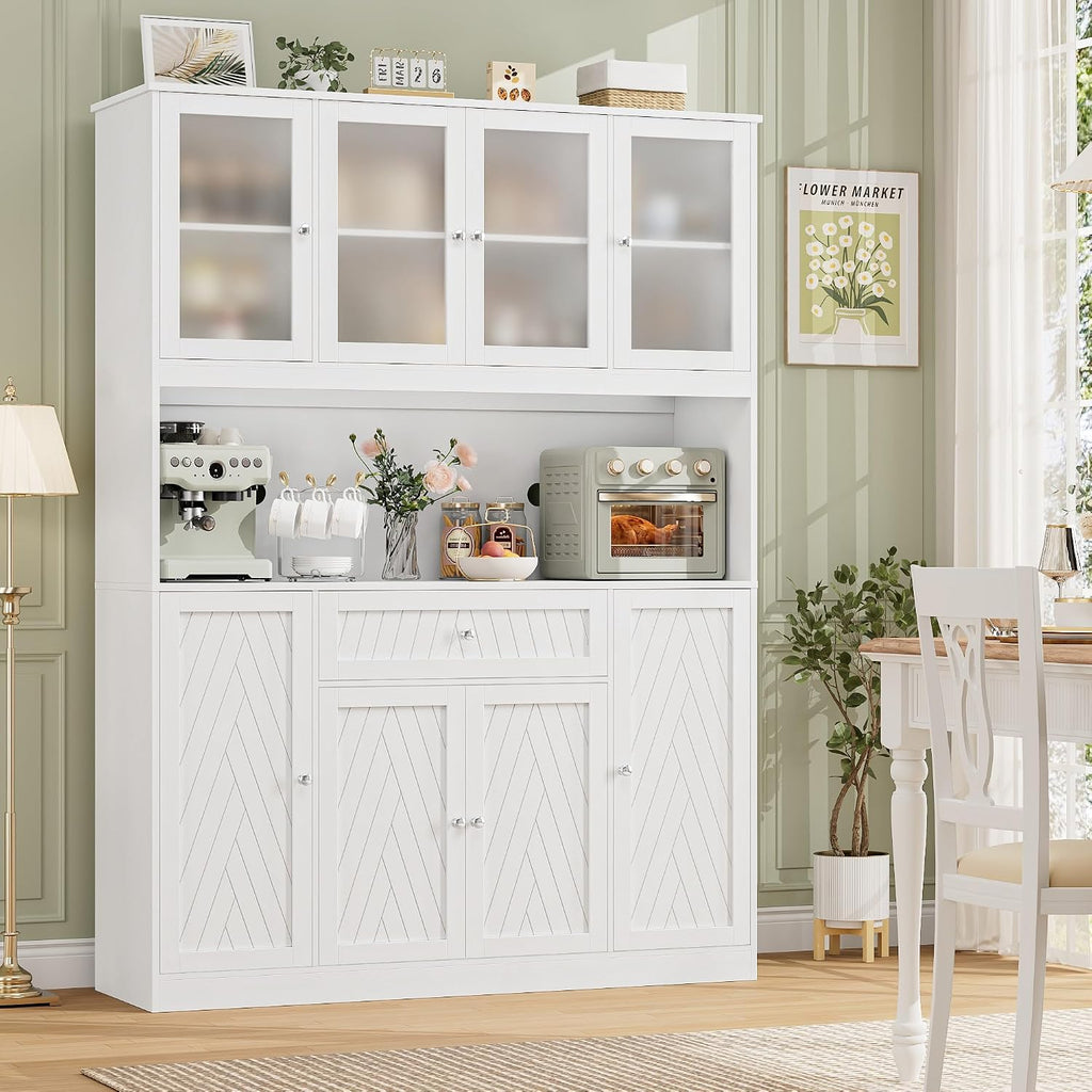 BOTLOG 72" Tall Kitchen Pantry Cabinet, 55.1" Wide Large Kitchen Hutch with Microwave Countertop, Coffee Bar Station with Drawer & Doors, White Freestanding Buffet Cupboard for Dining Room