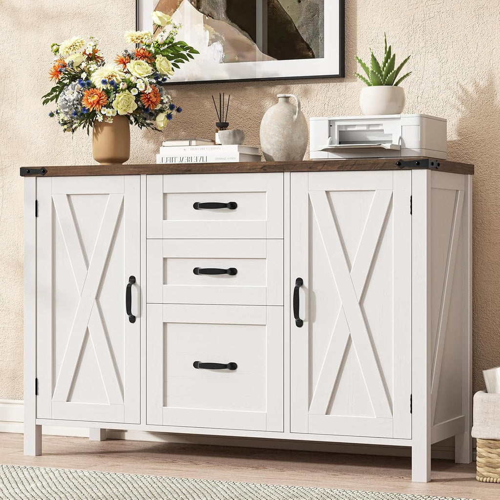 Vabches File Cabinet with 3 Drawers Fits Files Letter/A4 Size, Rustic White | Farmhouse Lateral File Cabinet, Wooden Filing Cabinet with Door and Adjustable Shelves Printer Stand for Home Office