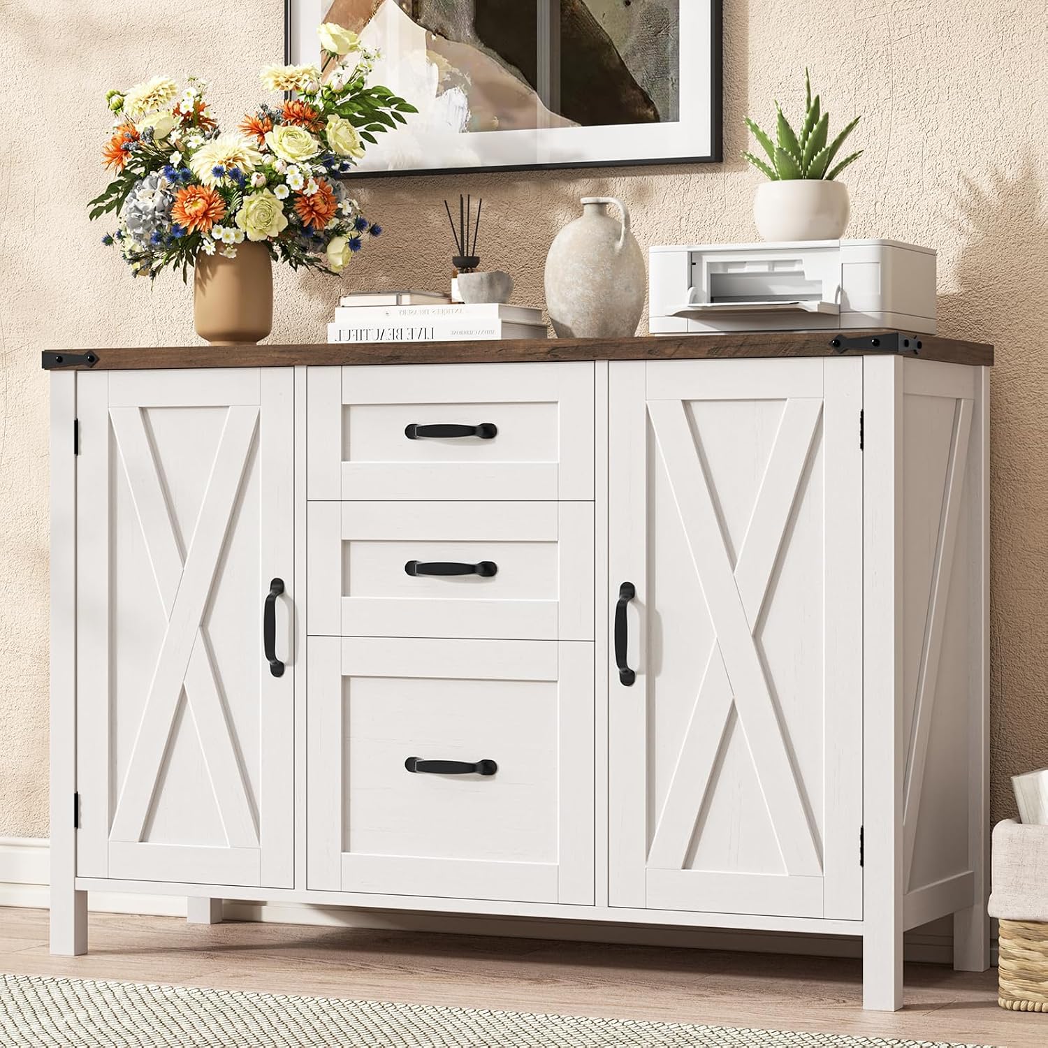 Vabches File Cabinet with 3 Drawers Fits Files Letter/A4 Size, Rustic White | Farmhouse Lateral File Cabinet, Wooden Filing Cabinet with Door and Adjustable Shelves Printer Stand for Home Office