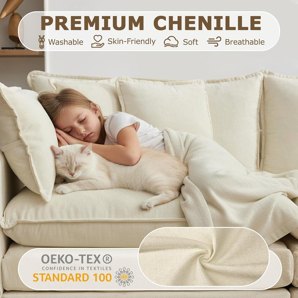 113" Modular Sectional Sofa, L Shaped Cloud Couch with Ottoman | Comfy Chenille Deep Seat Sofa with Throw Pillows, 4 Seat Modern Couches for Living Room Bedroom Apartment, Beige, 113" L