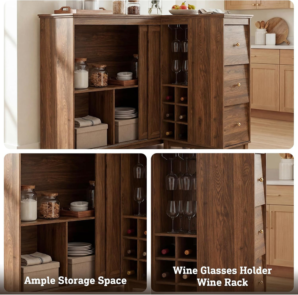 Corner Cabinet with Charging Station,L-Shaped Kitchen Pantry Storage Cabinet with 3 Drawers,Freestanding Kitchen Pantry Cabinets with Wine Rack,Glass Rack,Sliding Door for Dining Room (Walnut)