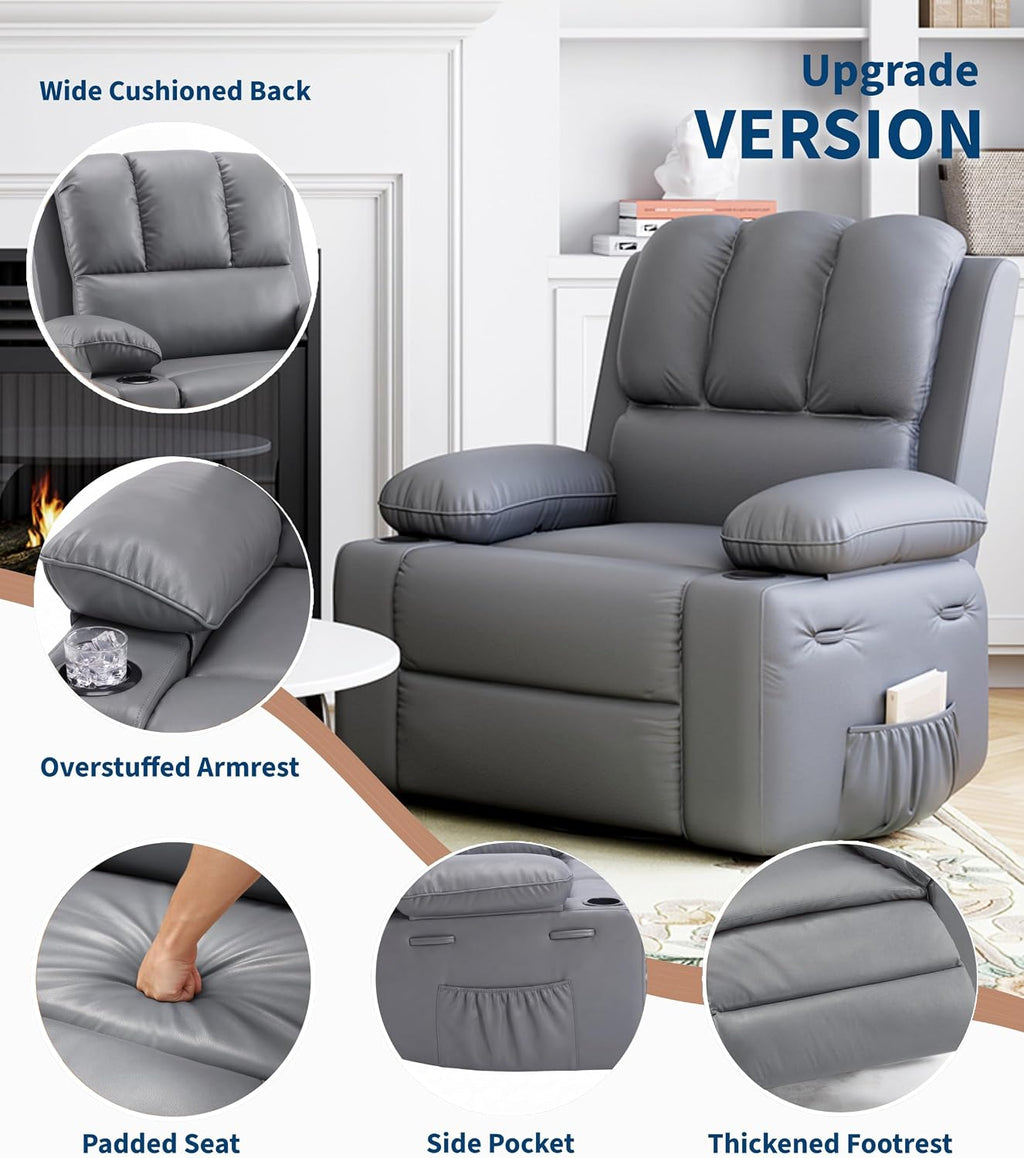 GarveeHome Leather Recliner Chair - Heat and Massage, Swivel Rocker Manual Recliner for Adults, Reclining Sofa Rocking Chair with Side Pocket, Cup Holders for Living Room