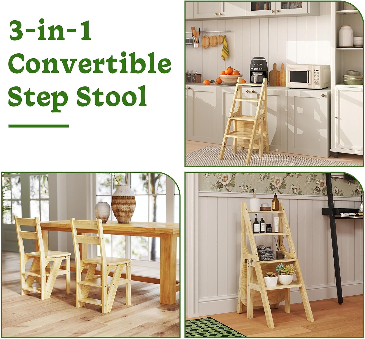 Library Ladder 4 Tier Folding Step Stool Chair 3-in-1 Multi-Functional Wood Step Ladder 265 lbs Indoor and Outdoor Display Stand and Storage Shelf for Home, Library, Kitchen