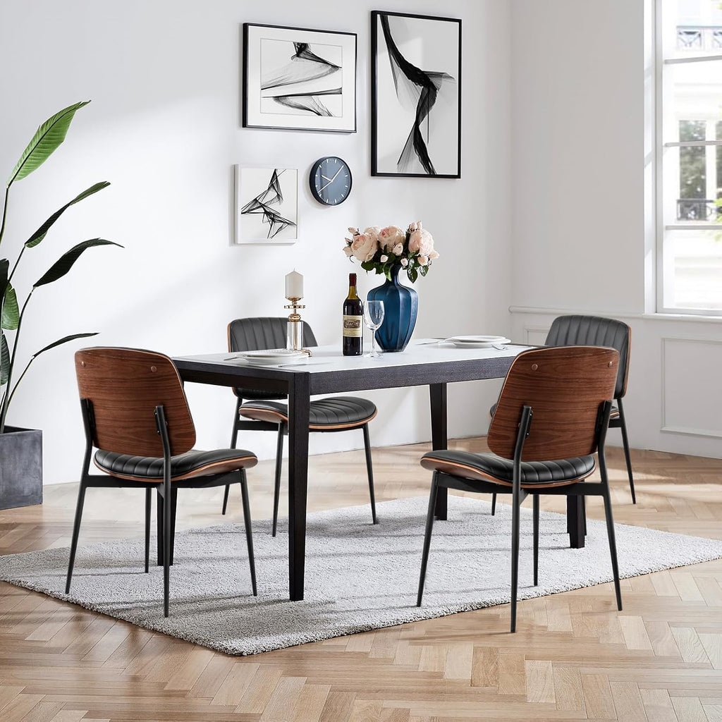 LUNLING Dining Chairs Set of 4 Mid Century Modern Retro Faux Leather Chair with Walnut Bentwood Upholstered Seat Metal Legs Chairs Adjustable Foot for Kitchen Dining Room Chairs,Black