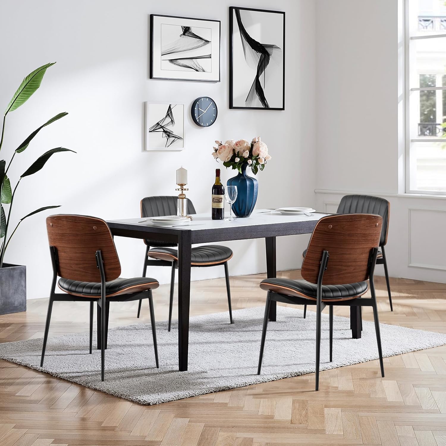 LUNLING Dining Chairs Set of 4 Mid Century Modern Retro Faux Leather Chair with Walnut Bentwood Upholstered Seat Metal Legs Chairs Adjustable Foot for Kitchen Dining Room Chairs,Black
