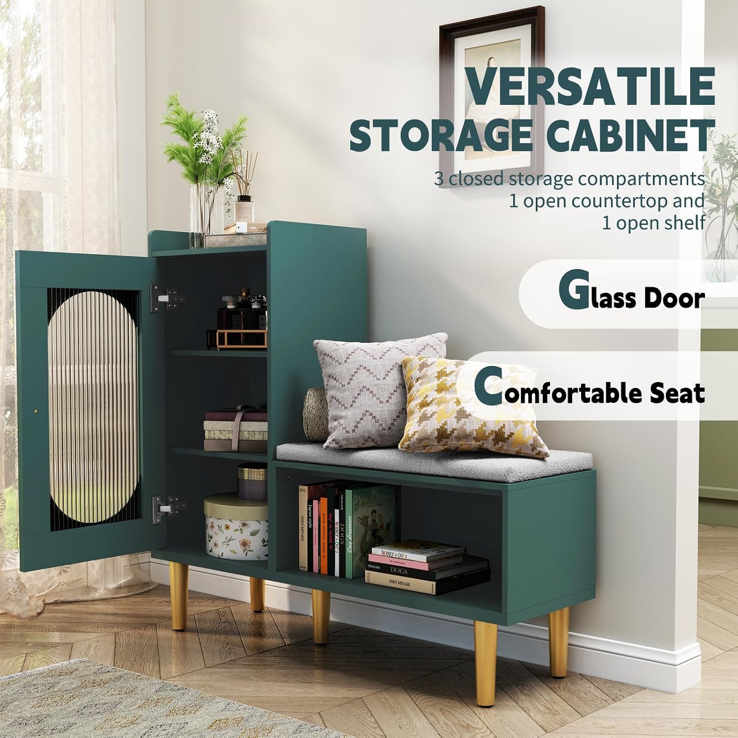 HLR Shoe Storage Bench with Glass Door&Shelf, L-Shaped Shoe Cabinet, Green | Modern Entryway Shoe Organizer with Padded Seat, Storage Cabinet for Hallway, Bedroom, Living Room, Office