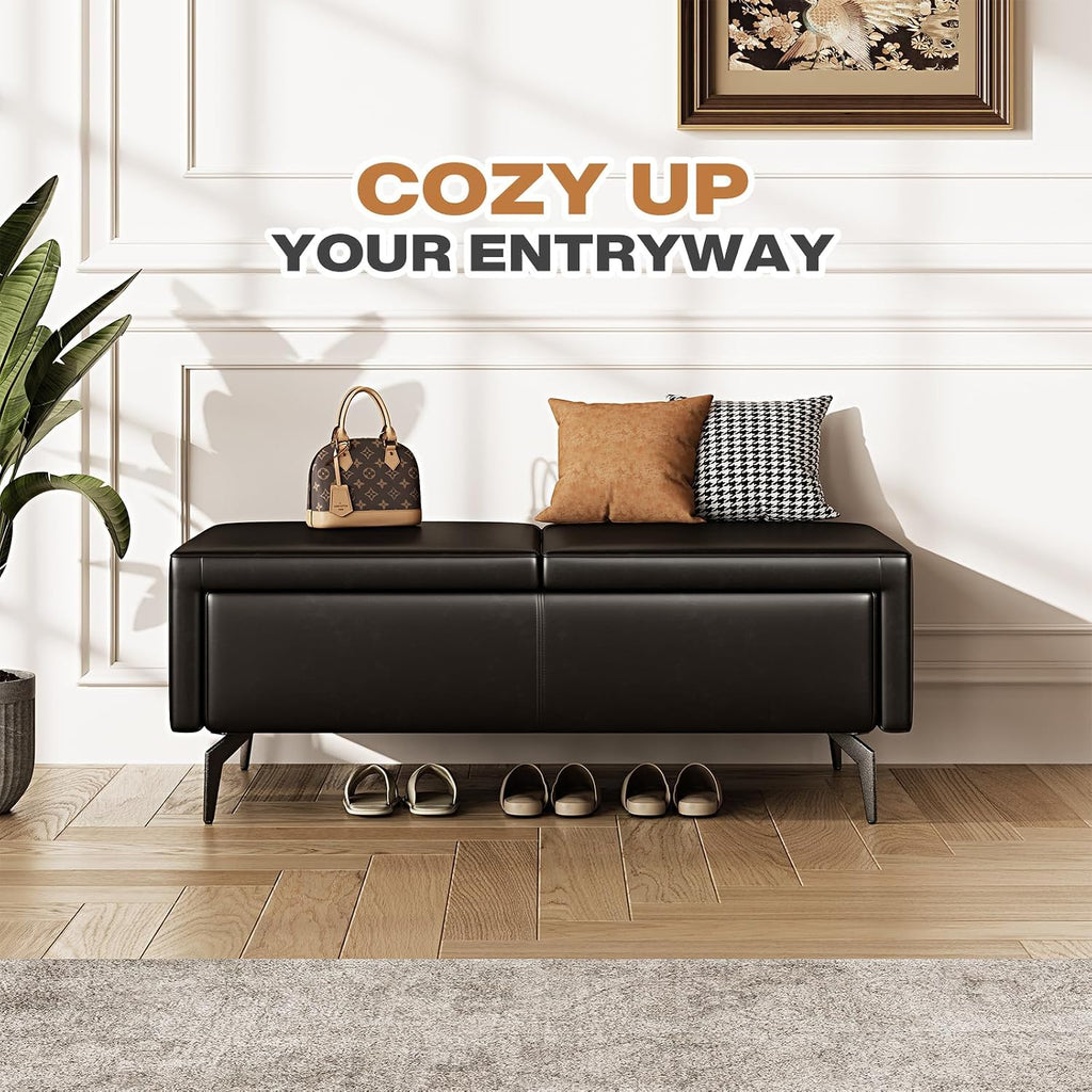 47 Inches Ottoman with Storage, Rectangle Faux Leather Ottoman Bench/Footrest/Shoes Bench, Upholstered Coffee Table for Living Room, Bedroom, Entryway, Black
