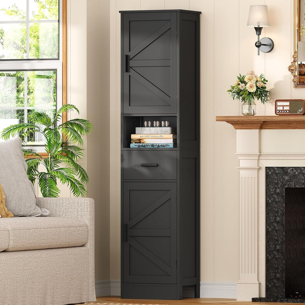 TEENFON Tall Bathroom Storage Cabinet with Barn Doors, Narrow Bathroom Cabinet with Drawer, Narrow Storage Unit, Adjustable Shelves, Floor Cabinets for Living Room, Entryway, Kitchen, Black