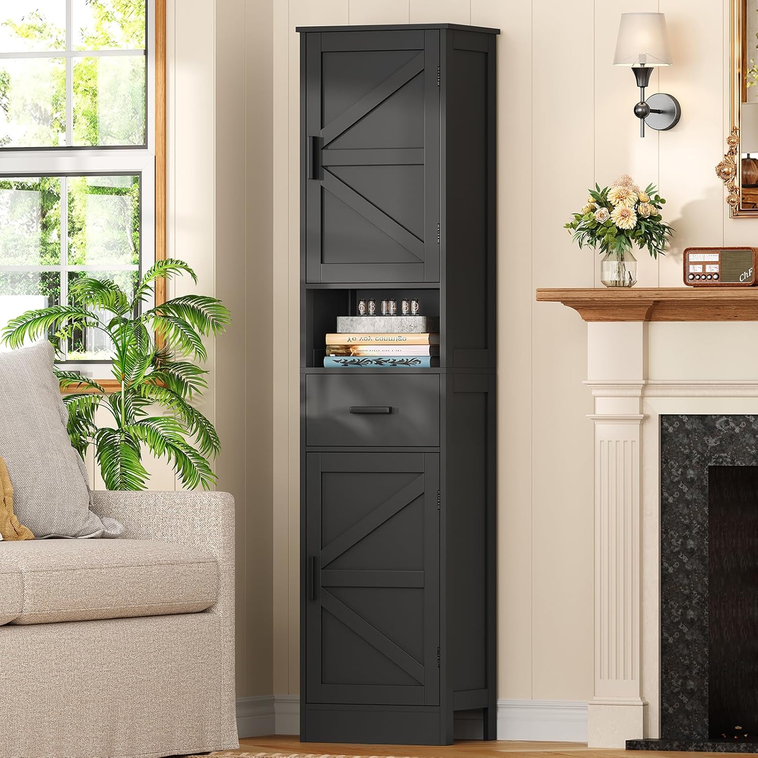 TEENFON Tall Bathroom Storage Cabinet with Barn Doors, Narrow Bathroom Cabinet with Drawer, Narrow Storage Unit, Adjustable Shelves, Floor Cabinets for Living Room, Entryway, Kitchen, Black
