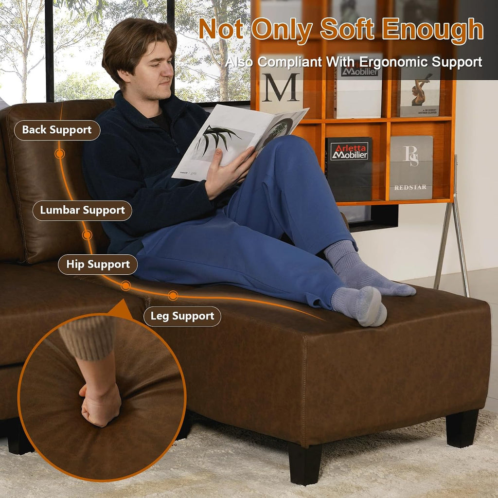 EASE MOOSE 100" Faux Leather L-Shaped Sofa Couch for Living Room, DeepBrown | Movable Ottoman, Removable Cover, Waterproof & Scratch-Resistant, Easy Clean, Easy Assembly, Ideal for Small Spaces