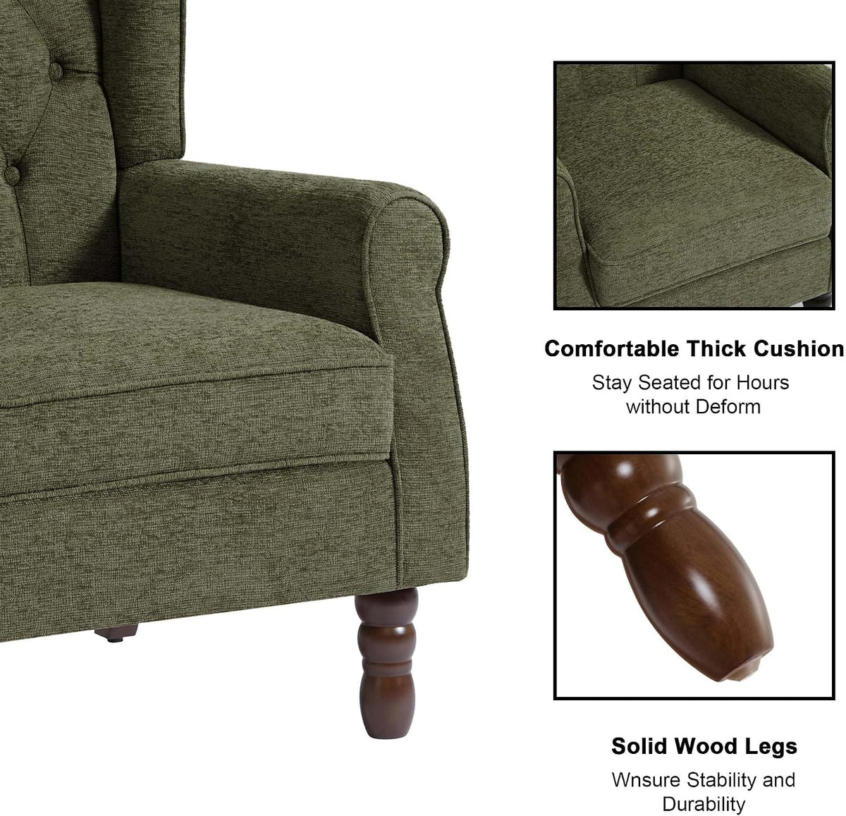 Accent Chair, Upholstered Armchair with Button Tufted High Back & Solid Wood Legs, Comfy Wingback Reading Single Sofa Chair for Small Spaces, Living Room, Bedroom