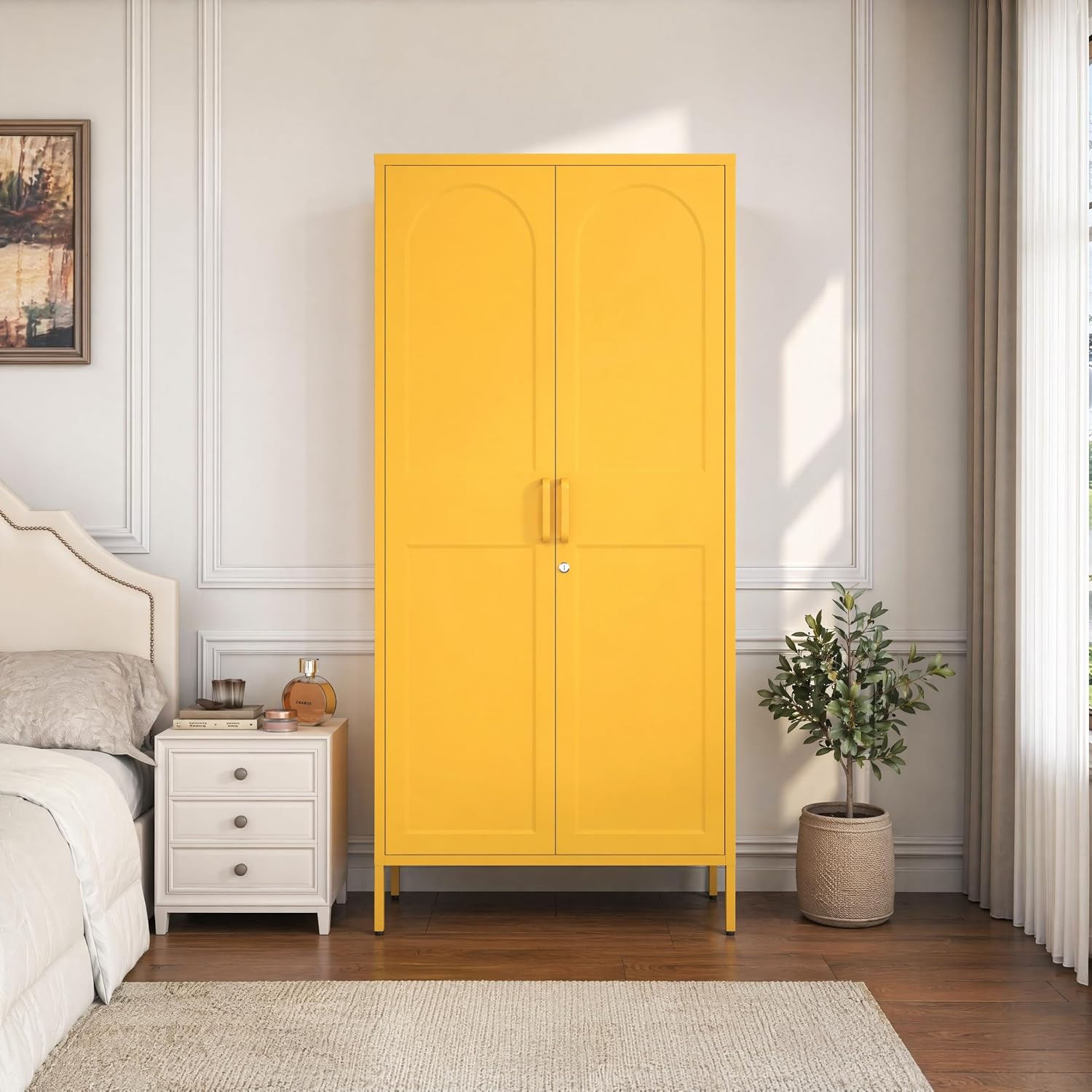 67 Inch Lockable Yellow Steel Wardrobe Storage Cabinet, Freestanding Metal Armoire Locker with Hanging Rod and Adjustable Shelves, Heavy Duty Clothing Storage Locker for Bedroom Apartment Home Use