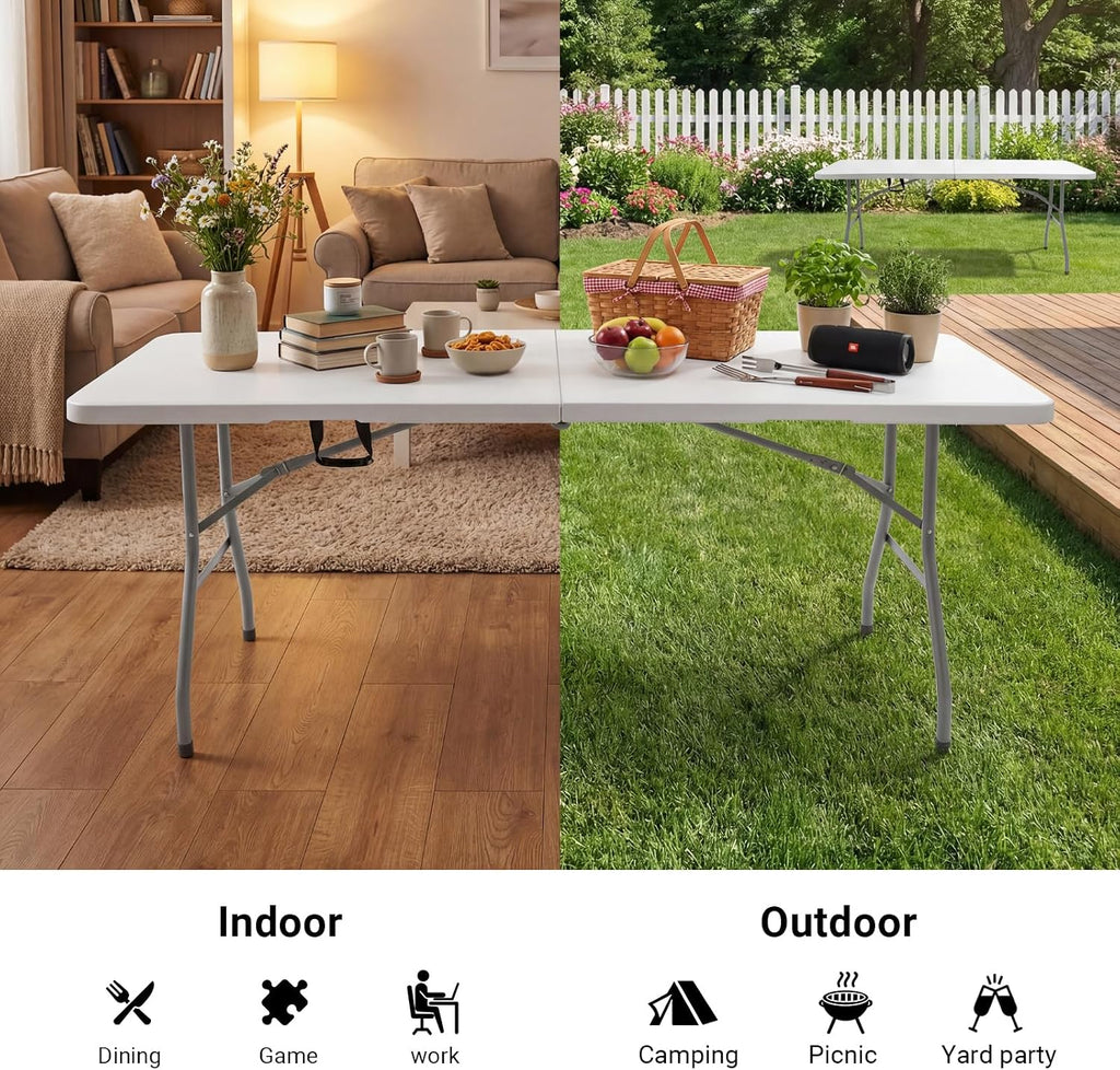 6ft Folding Table, Portable Heavy Duty Plastic Table for Party, White | Fold-in-half Design with Carry Handle,Easy Setup,Compact Storage. Supports 330 lbs for Indoor & Outdoor use,Camping, Picnic