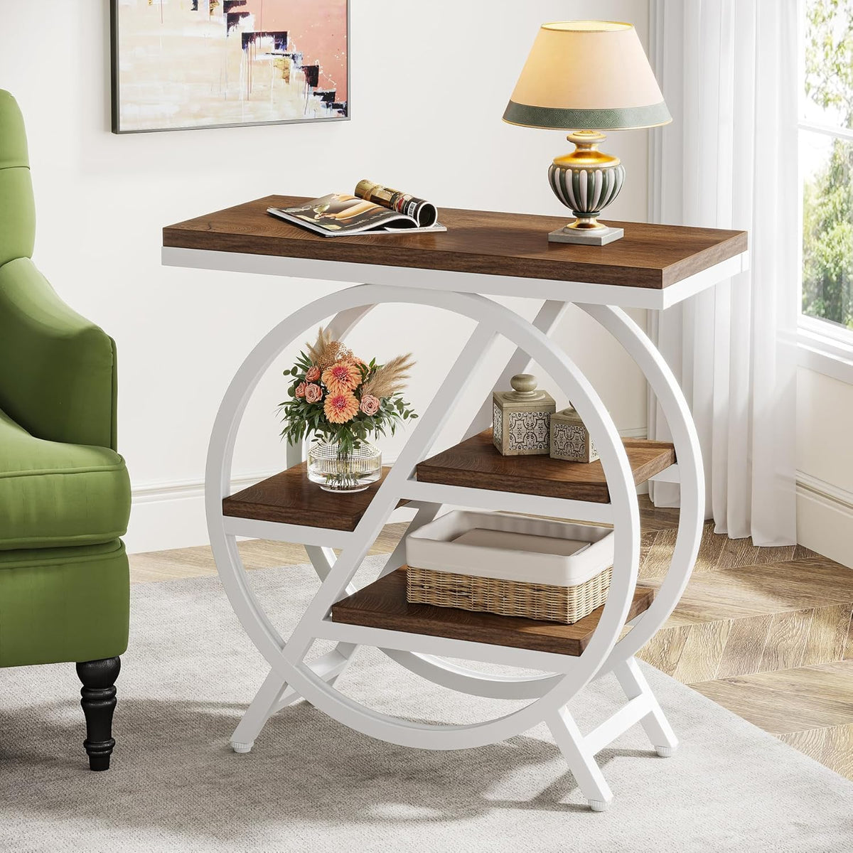 Tribesigns End Table Set of 2, 3-Tier Modern Narrow Side Table with Storage, Wood Sofa Side Table with Geometric Metal Frame, Nightstand and Bedside Table for Bedroom (Light Brown+White)