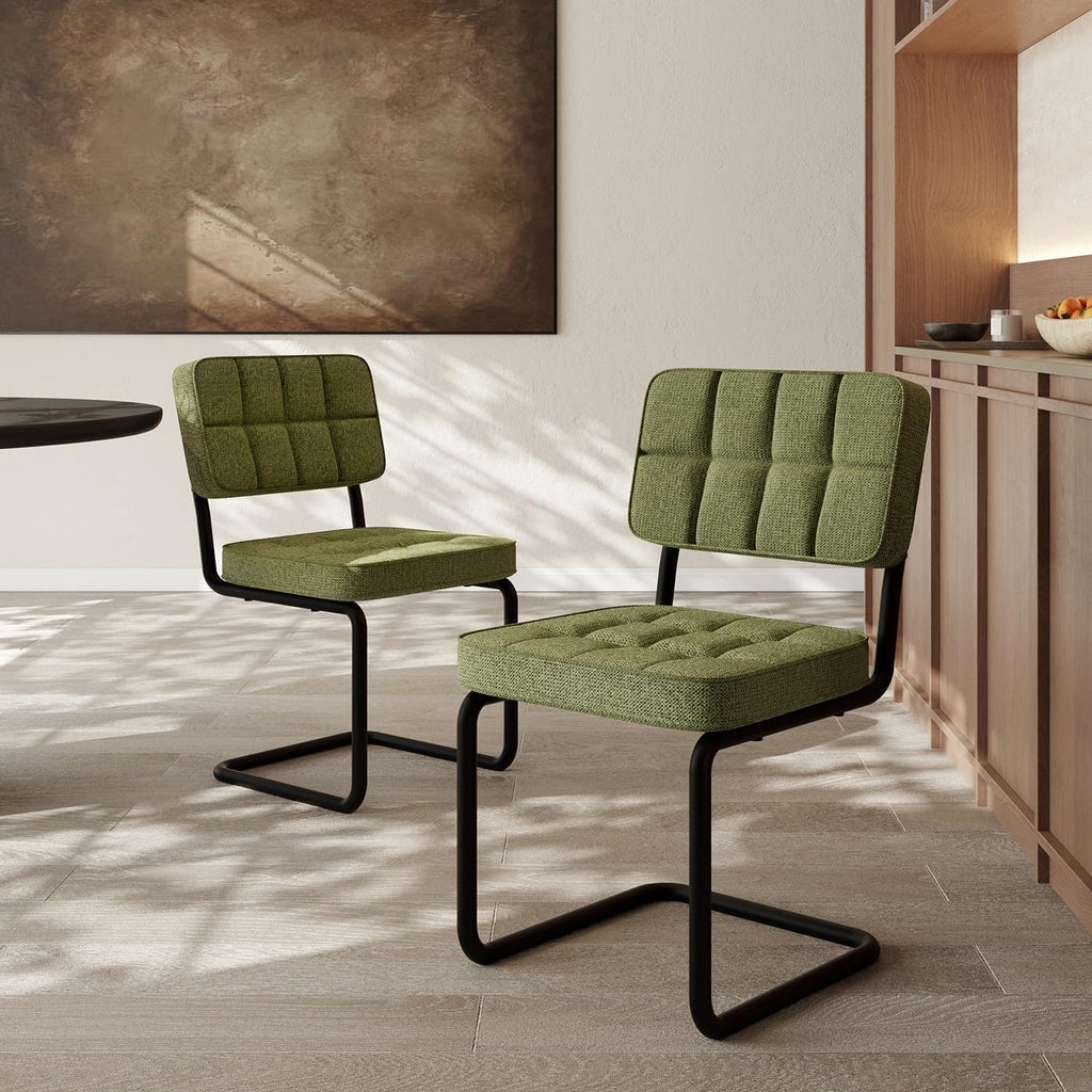 Mid-Century Modern Dining Chairs Set of 2 with Metal Legs, Green | Upholstered Chenille Cantilever Dining Chairs with Ergonomic Backrests, Armless Design, Padded Seats for Dining Room