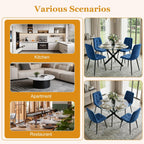 Dining Table Set for 4, Round Glass Kitchen Table with 4 Blue Highback Tufted Velvet Side Chairs, 5-Piece Modern Dining Room Set for Kitchen, Apartment, Small Spaces