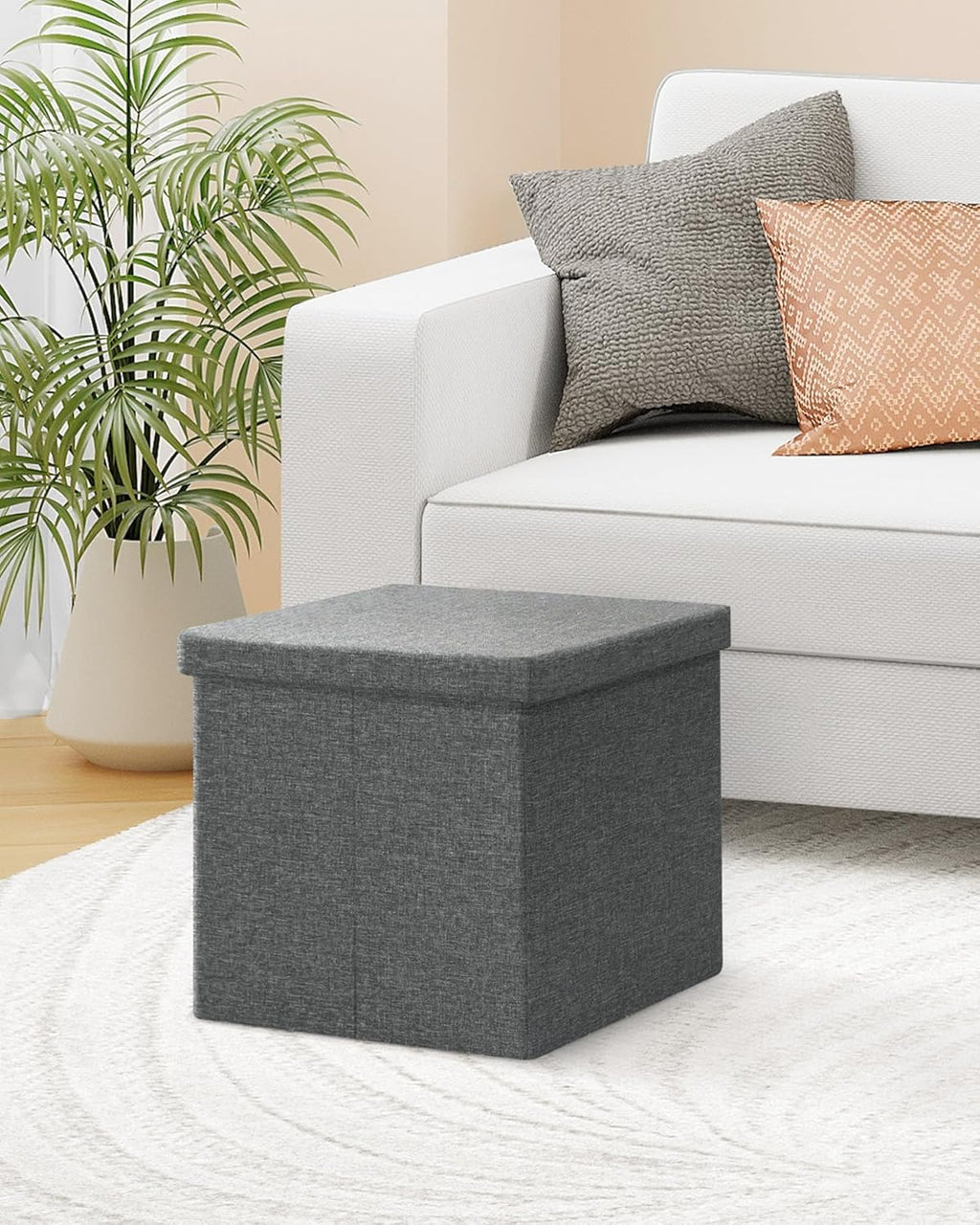 B FSOBEIIALEO Storage Ottoman with Tray, Linen Small Coffee Table Folding Foot Rest Seat Cube, Dark Grey 16"X15.7"x15" Double (2 Pack)