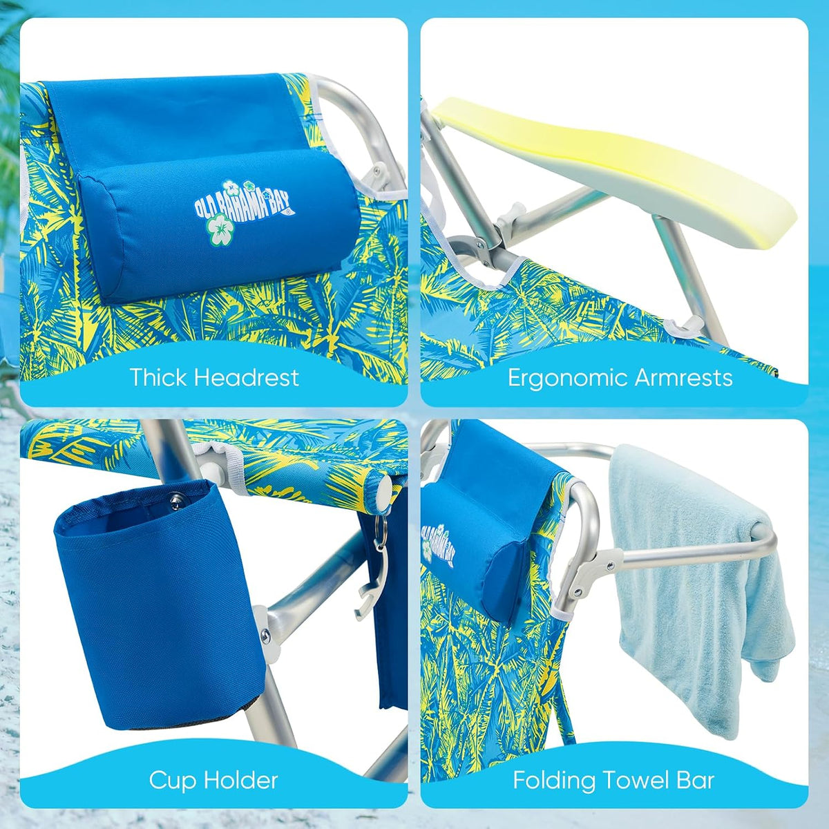 Old Bahama Bay Beach Chairs for Adults, 7-Position Classic Lay Flat Beach Chair Reclining Beach Chair, Portable Aluminum Backpack Beach Chair with Towel Bar & Cooler Bag