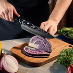 SENKEN 8-Piece Japanese Knife Set with Black Resin Handle and Laser Damascus Pattern - Onyx Collection - Chef's Knife, Santoku Knife, Bread Knife, Paring Knife, & More