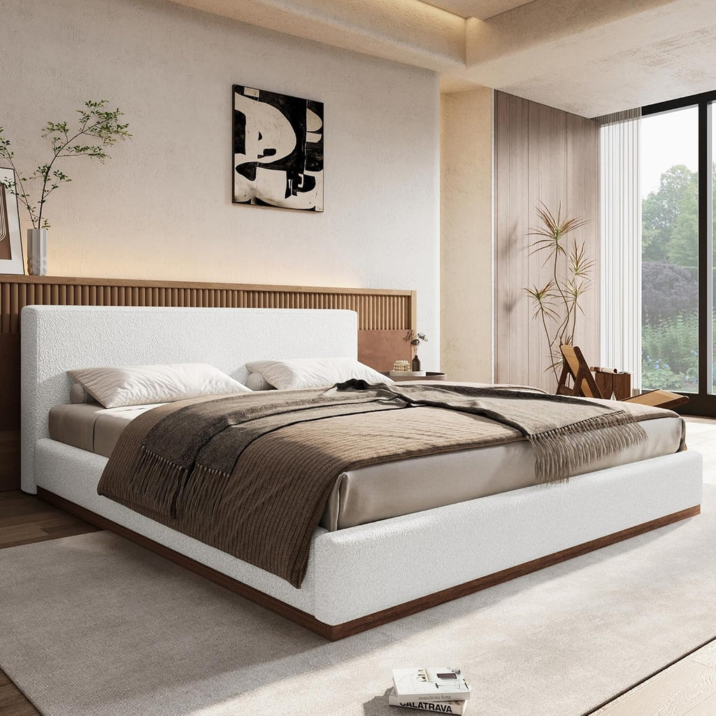 Christopher Knight Home Bettine Modern Boucle Queen Size Bed Frame with Headboard, Solid Wood Queen Bed Frame, Slat Panel Support Platform Bed, No Spring Box Needed, Heavy Duty, White+Brown