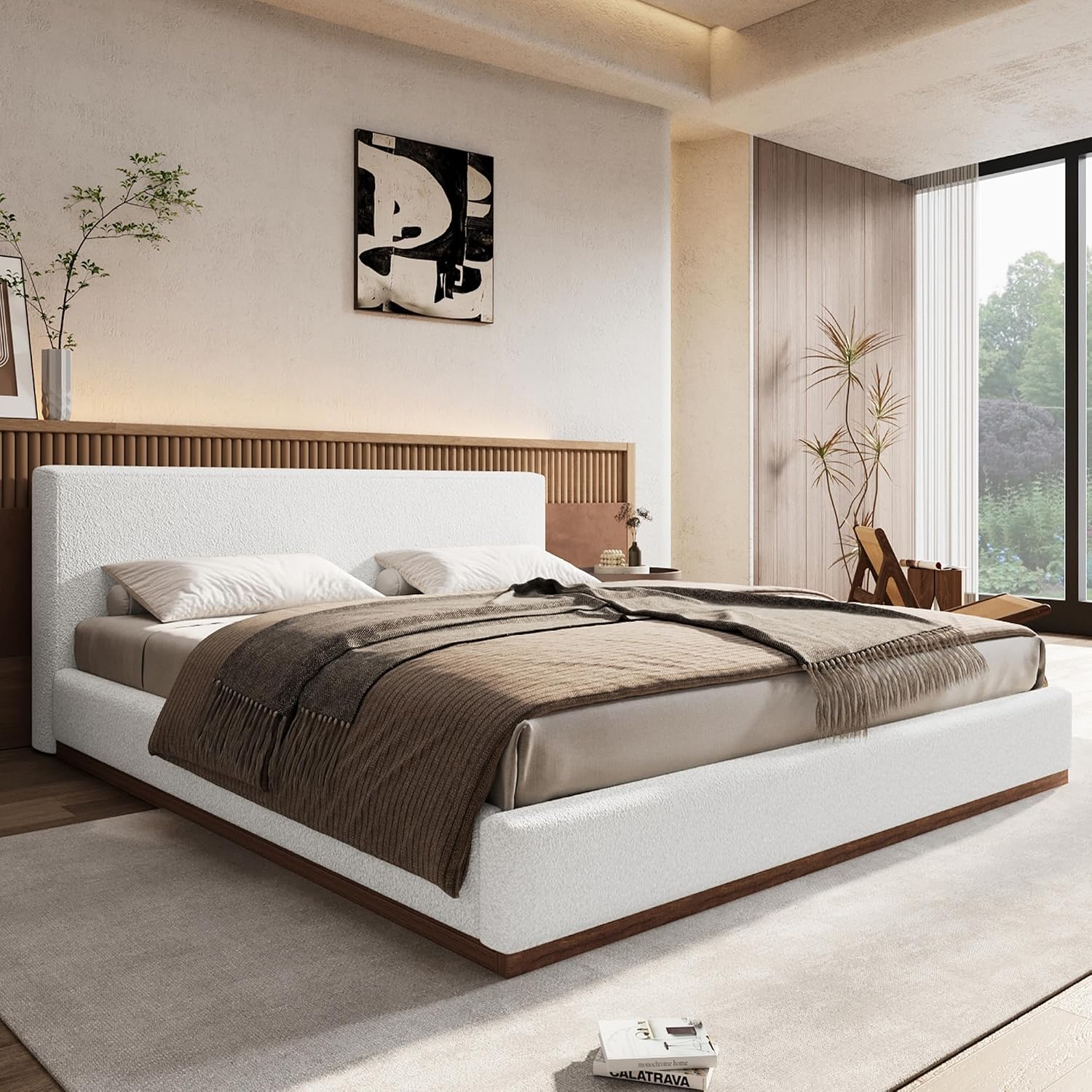 Christopher Knight Home Bettine Modern Boucle Queen Size Bed Frame with Headboard, Solid Wood Queen Bed Frame, Slat Panel Support Platform Bed, No Spring Box Needed, Heavy Duty, White+Brown