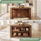 55" Solid Wood Kitchen Island with Storage and Seating, 3-Tier | Farmhouse Stationary Island Table, Side Slatted Design, Large Worktop, Closed Back Panel, Rustic Counter Height Dining Table
