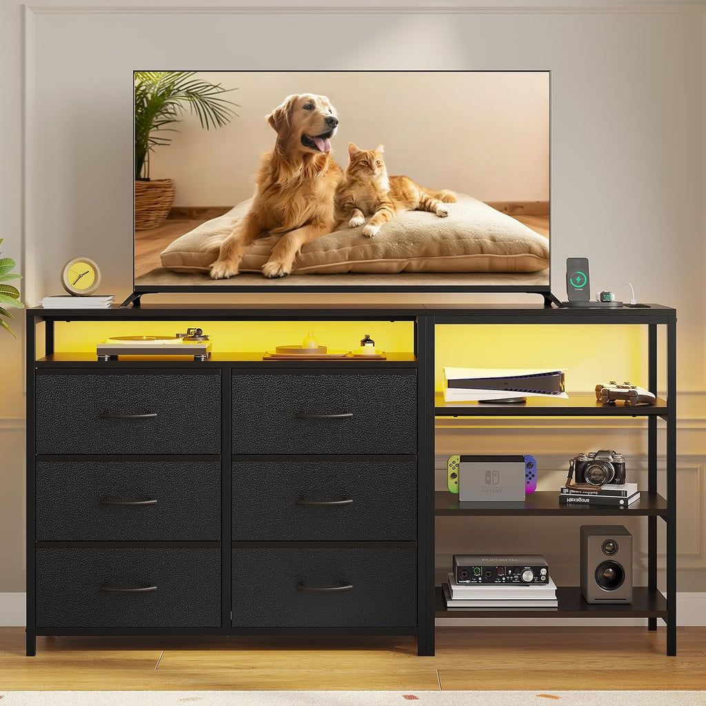 HAUOMS TV Stand for 60 Inch TV,LED Entertainment Center,Black | L Shaped Convertible Dresser with with Power Outlets & Open Shelf,6 Drawers with PU Finish,for Living Room,Bedroom