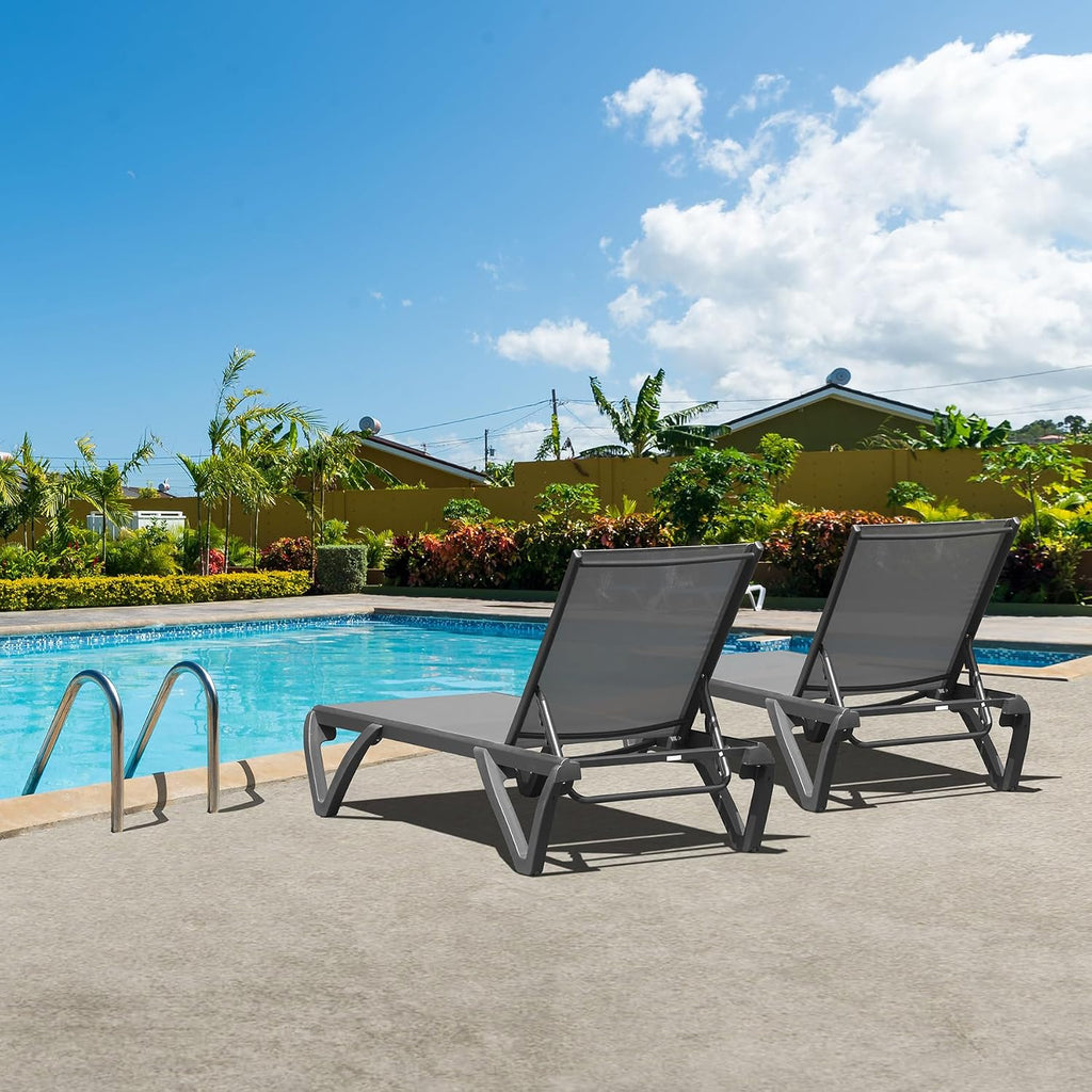 Domi Aluminum Pool Lounge Chair Outdoor Set of 2 Chaise Lounge Outdoor | Grey, Wheels, Adjustable, Textilene, All Weather, Poolside, Backyard, Patio, Deck, Outside